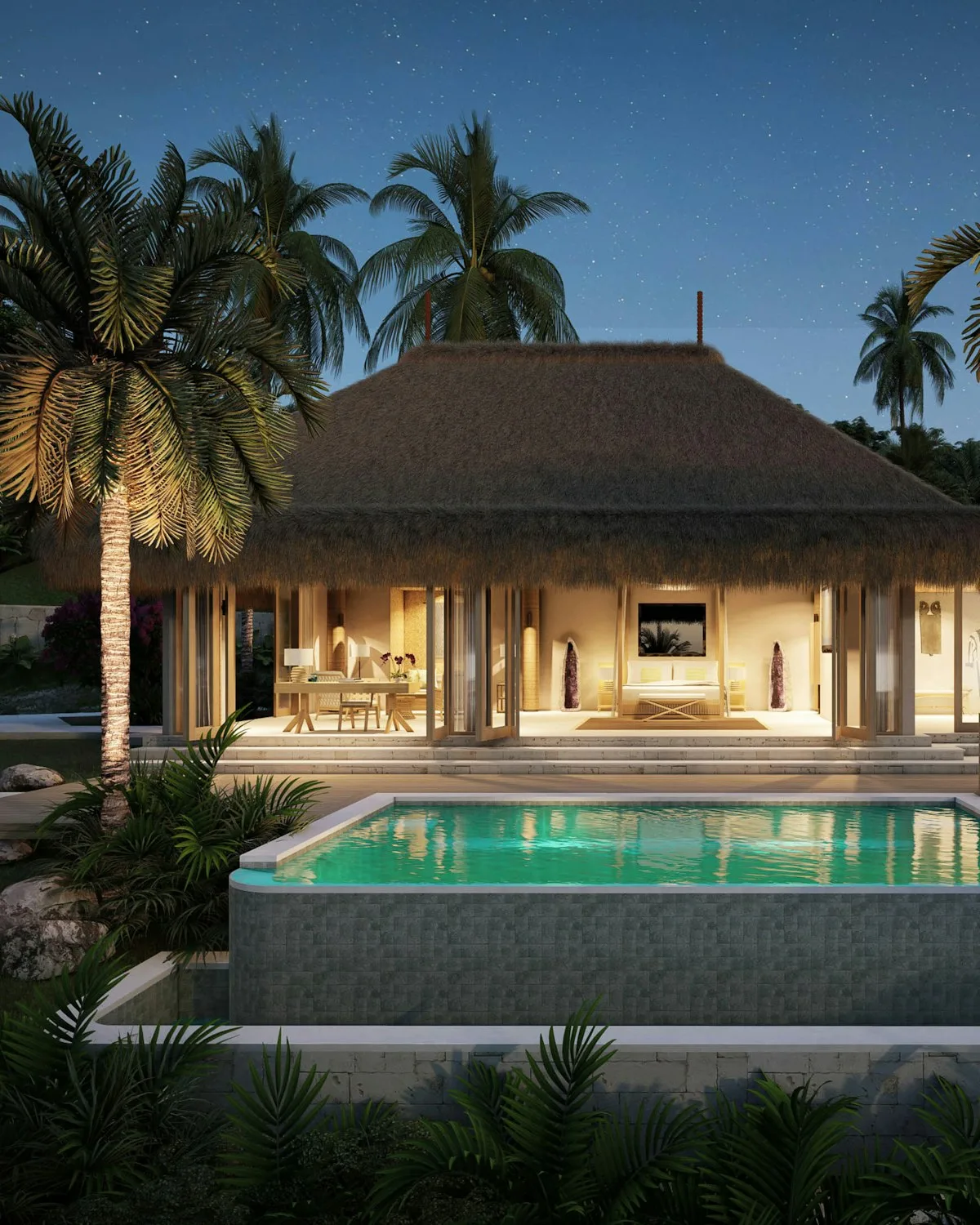 A private villa in Thailand at dusk